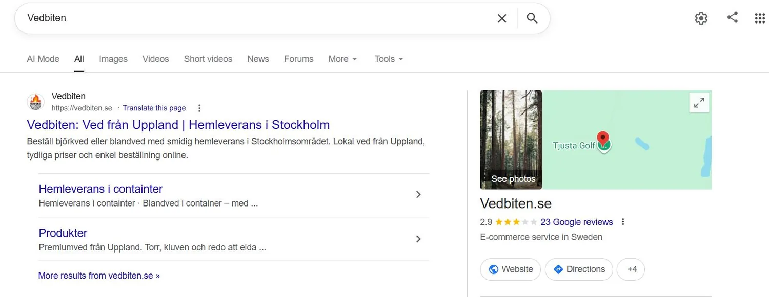 Vedbiten branded search result